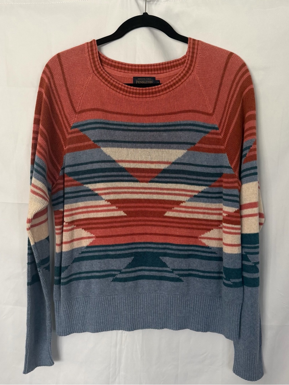 Pendleton Women Sz L Pink Blue Cream Knit Cotton Crewneck Aztec Pullover Sweater